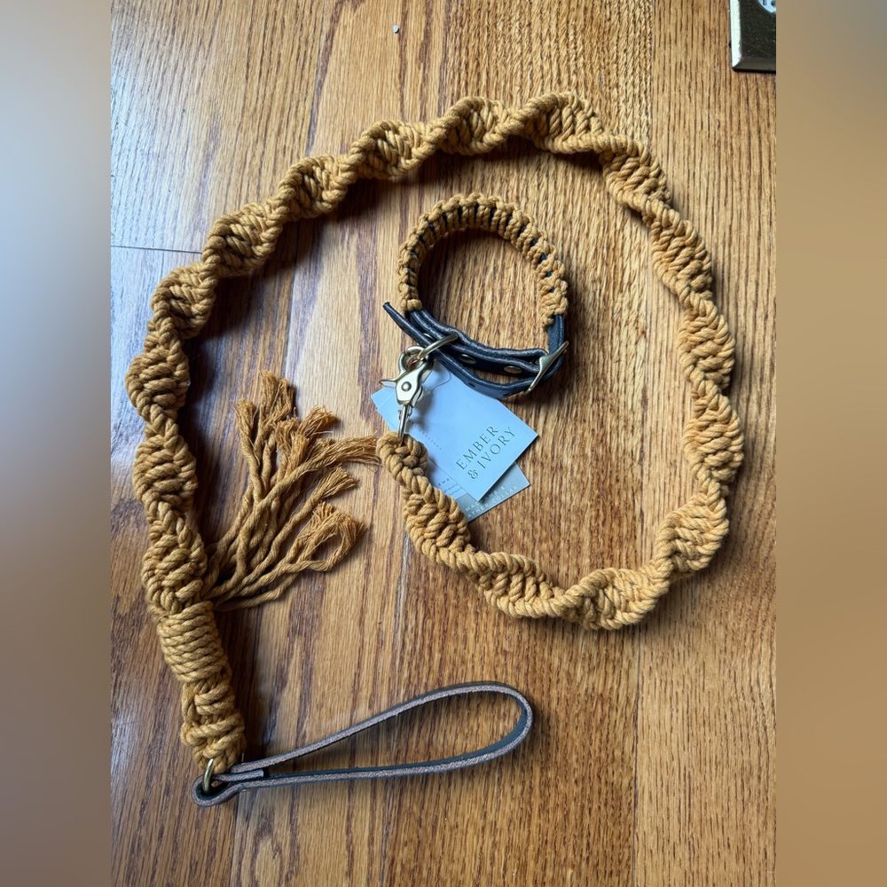 Ember & Ivory Mustard macrame rope black leather Dog Leash and Collar Set